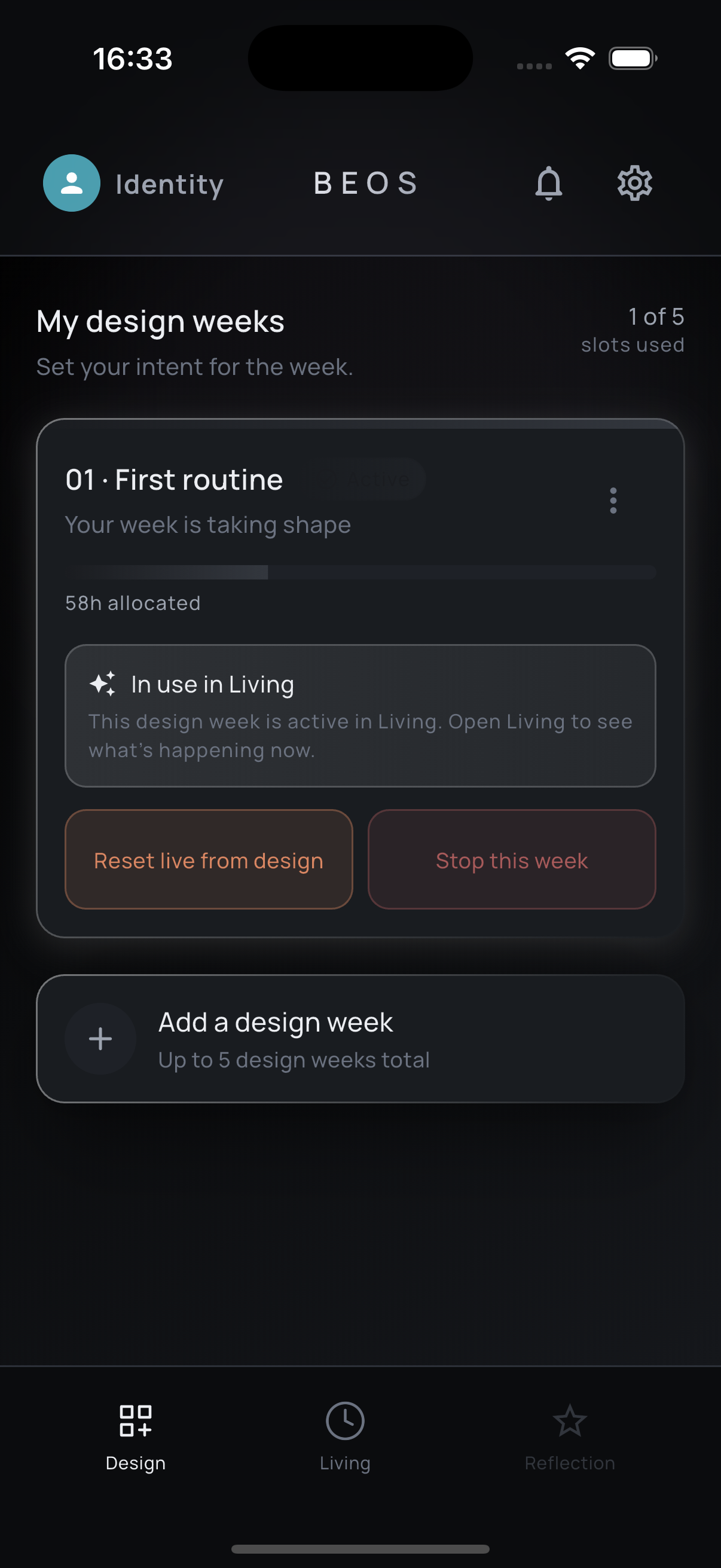 BEOS dashboard showing active weekly routines and designed weeks