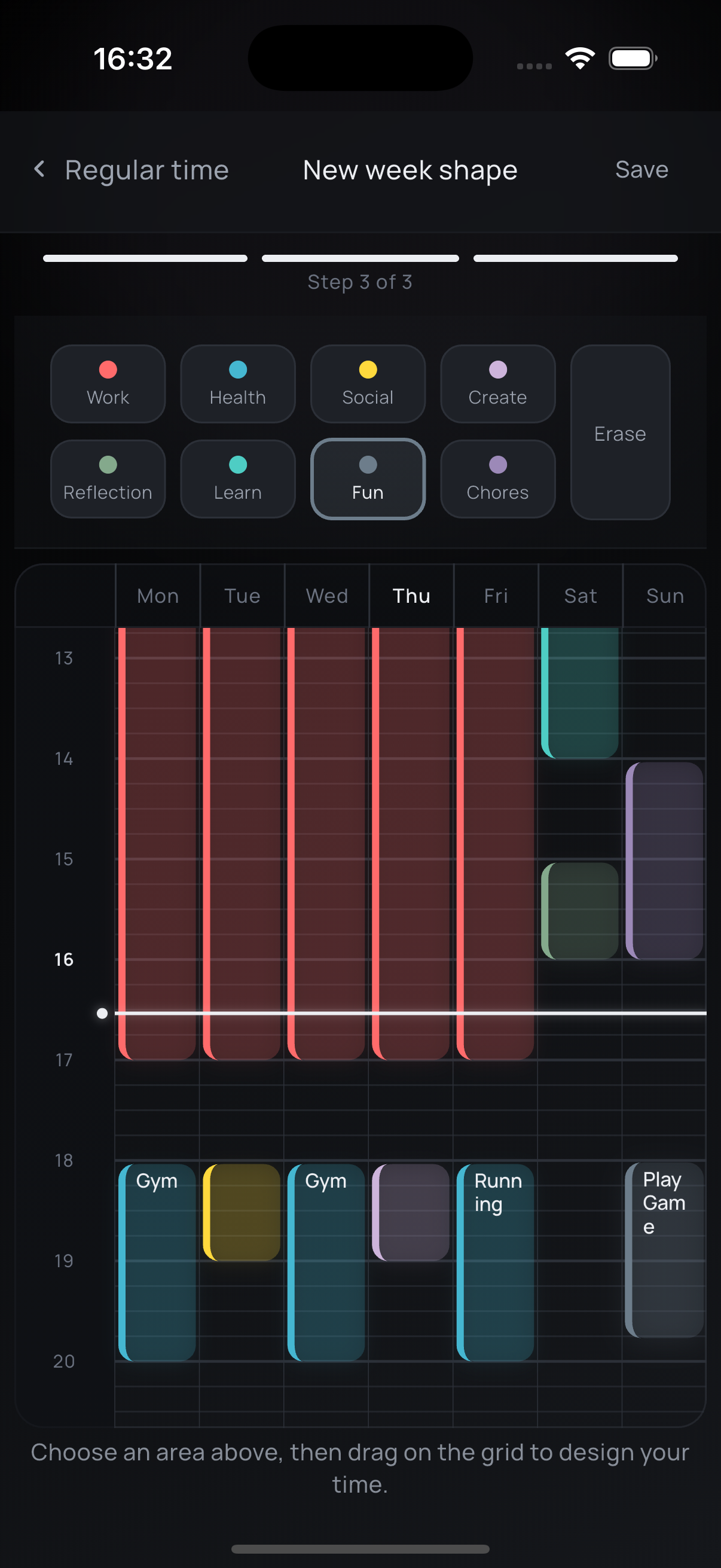 Weekly design canvas in BEOS with Time Spans placed across the week