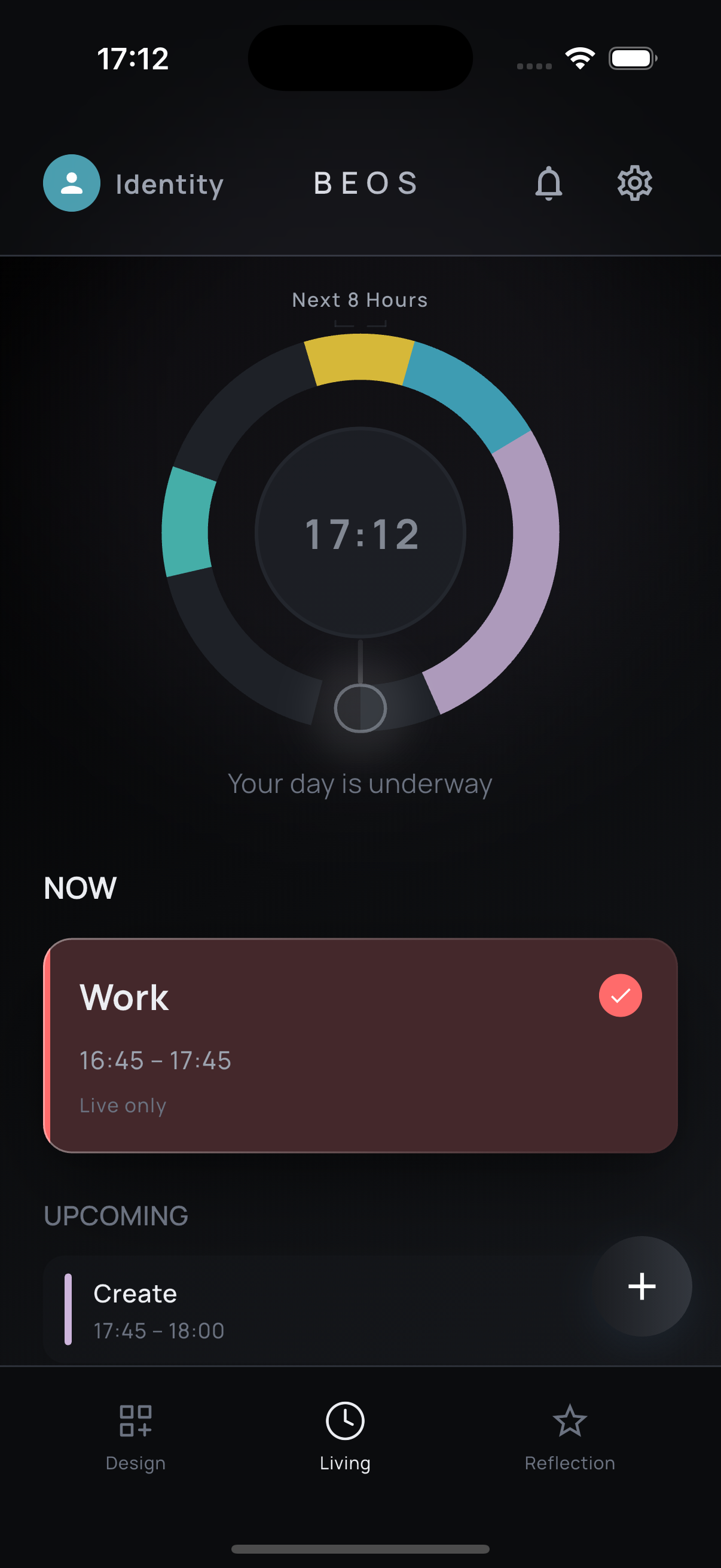 BEOS Live view showing the current Time Span and today's rhythm